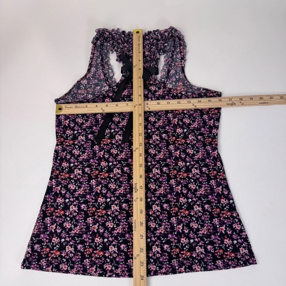 Self Esteem Tank Top Women Large Purple Floral Ruffle Bow Racerback Blouse